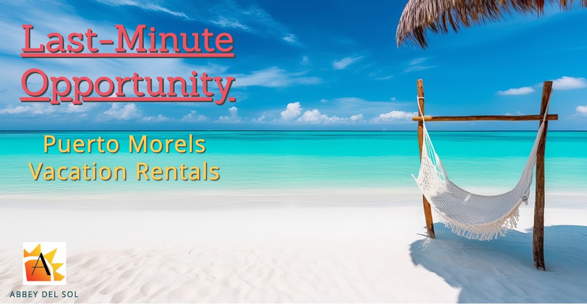 White hammock hanging on a wooden frame on a pristine beach with clear turquoise water, promoting last-minute vacation rentals in Puerto Morelos.