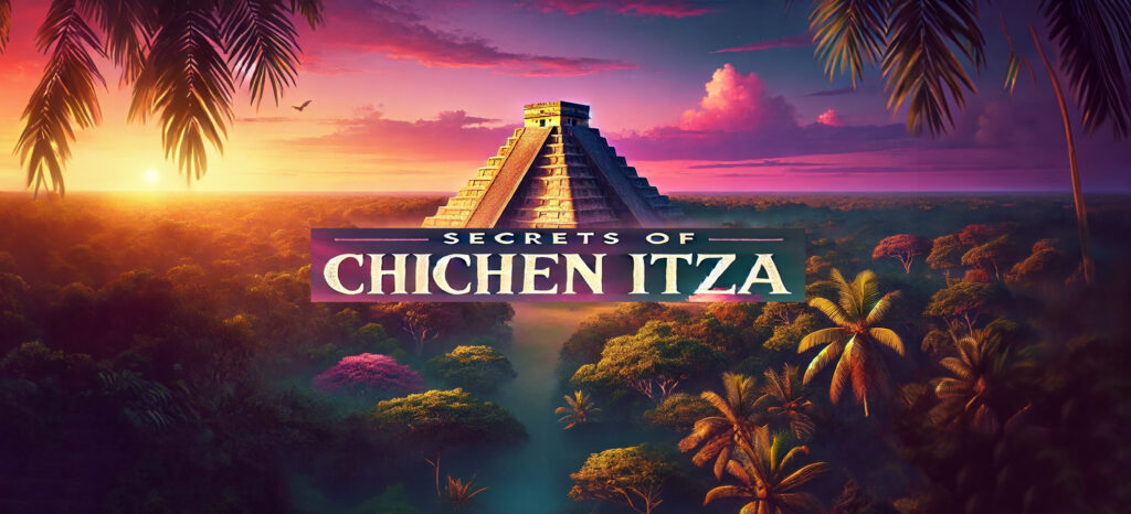 A vibrant cover image of the Kukulkan Pyramid at Chichen Itza during sunset, with soft pink, orange, and purple hues in the sky. The pyramid is surrounded by lush jungle, with the title "Secrets of Chichen Itza" elegantly overlaid in clear, bold text.