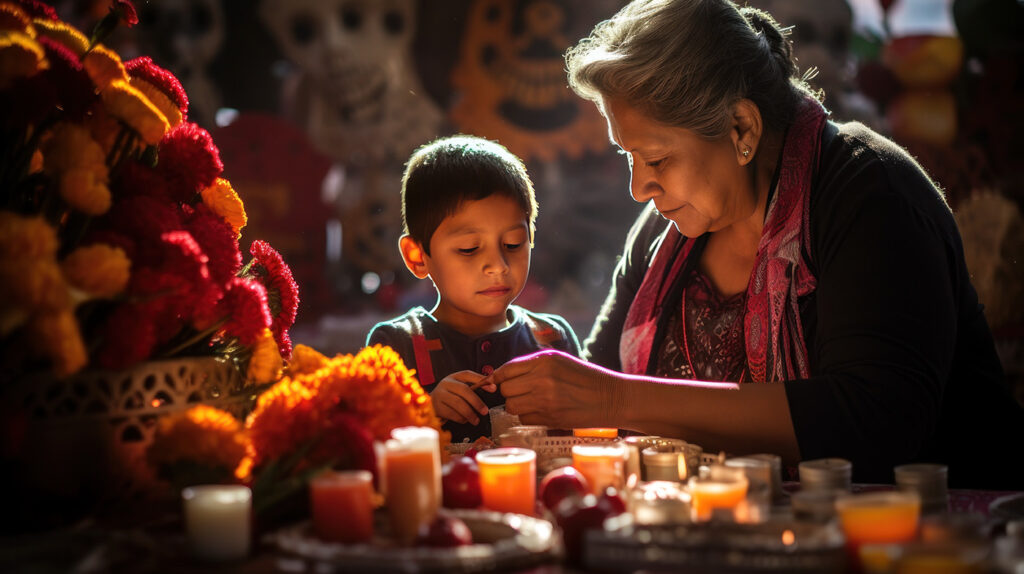 Elderly woman and young boy preparing offerings on an altar with marigold flowers and candles.