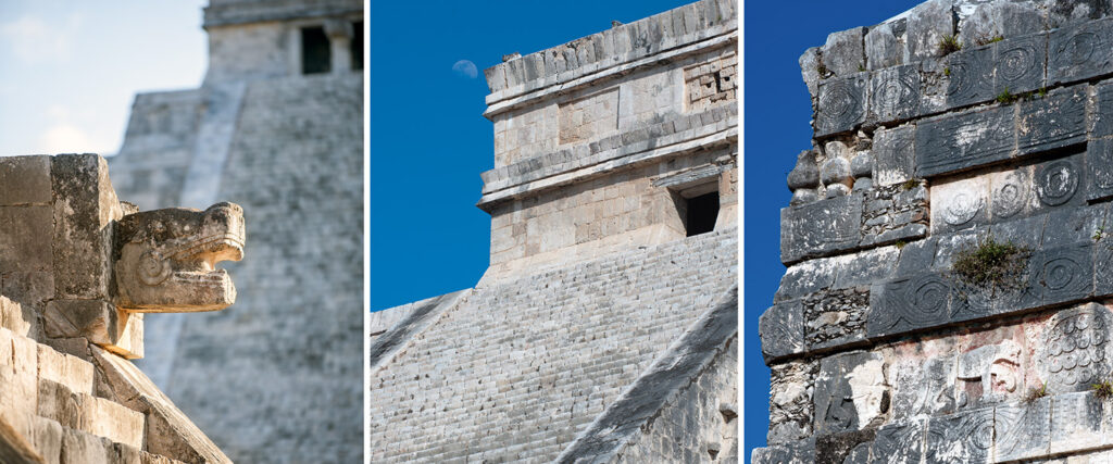 A collage of three close-up images showcasing details of the Kukulkan Pyramid at Chichen Itza. The left image features a stone serpent head carved into the structure. The middle image highlights the upper part of the pyramid's stairs with the moon visible in the background. The right image displays intricate stone carvings on the pyramid’s side wall, featuring geometric patterns and weathered details.