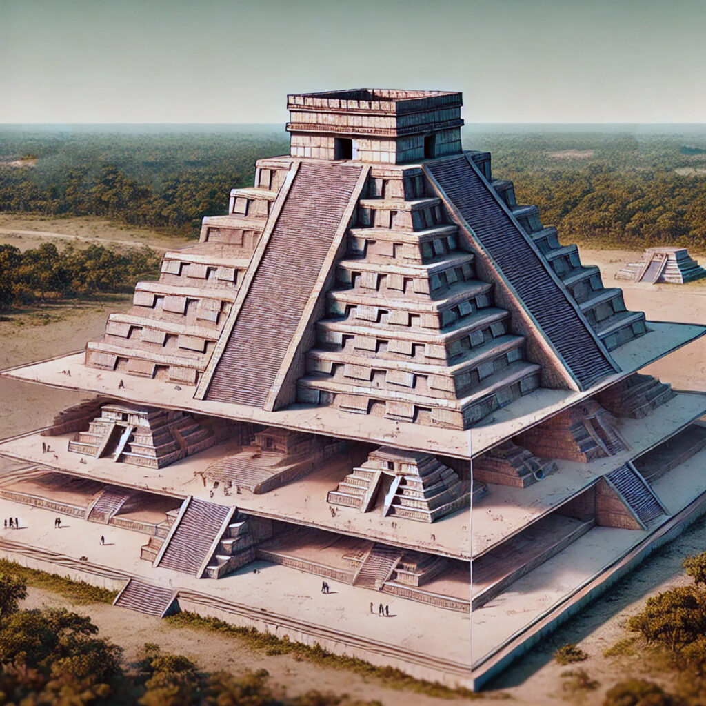 A cutaway view of the Kukulkan Pyramid at Chichen Itza, showing three nested pyramids inside one another. The largest outer pyramid is intact, while the interior reveals two smaller, earlier pyramids, each with its own stepped structure. The surrounding area includes jungle vegetation, and small figures are visible near the pyramid for scale.