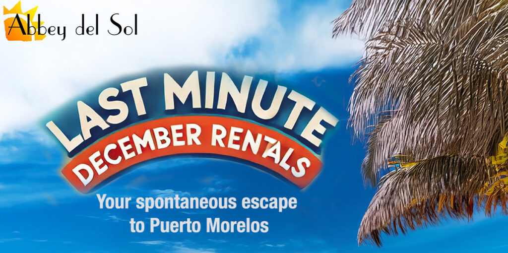 Promotional banner for Abbey del Sol showcasing last-minute December rentals with a tropical background.