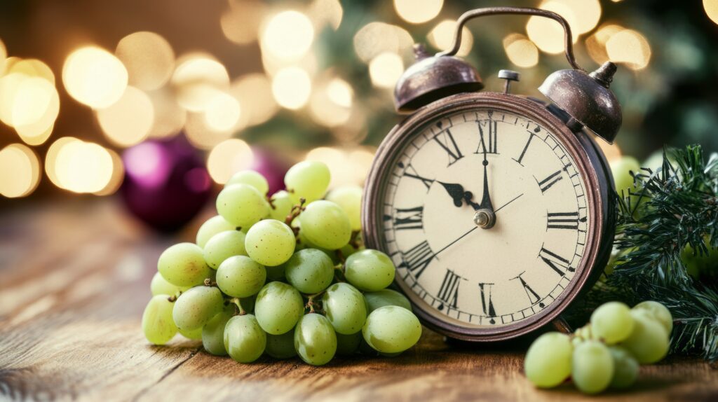  close-up view of green grapes and a classic clock set against a festive, softly lit background. This image captures the anticipation and charm of the traditional “12 Grapes of Luck,” a New Year’s custom that celebrates hope and fresh beginnings.