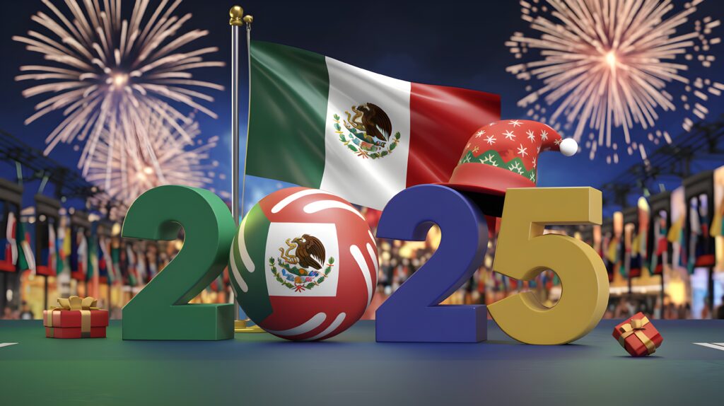 A festive New Year’s scene celebrating 2025, featuring the Mexican flag prominently displayed alongside the year “2025” in bold, colorful numbers. A red and green ornament with the Mexican flag’s emblem replaces the “0” in 2025, while the “5” is topped with a holiday-themed Santa hat. Fireworks light up the night sky, and rows of international flags in the background add a global celebratory feel. Small gift boxes rest on the foreground table, emphasizing the holiday spirit.