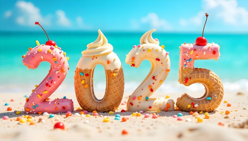 “2025” designed to look like ice cream and dessert-themed sculptures on a sunny beach. Each digit is crafted to resemble ice cream cones, sprinkles, and whipped cream, with bright colors and cherries on top. The background features a turquoise sea, soft sand, and a bright blue sky, evoking a cheerful and tropical atmosphere.