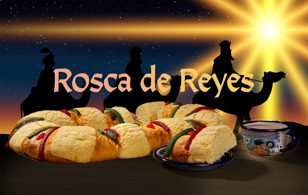 A traditional Rosca de Reyes bread decorated with candied fruits, accompanied by a cup of hot chocolate, with silhouettes of the Three Kings on camels against a starry night sky and a bright star in the background.