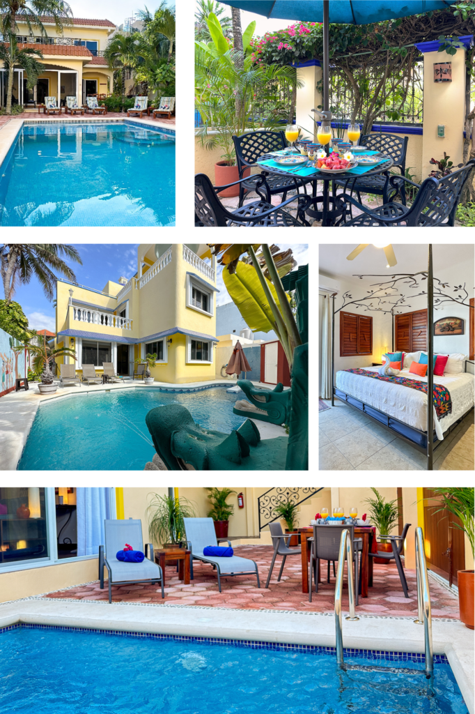  A vibrant collage showcasing luxury vacation rentals with pools, outdoor dining, tropical gardens, and elegant interiors.