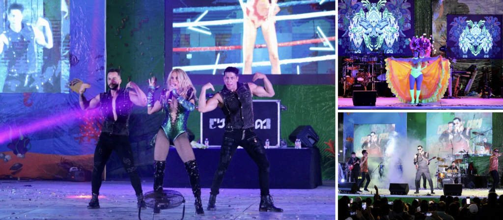 A dynamic collage of stage performances from the Puerto Morelos Carnaval, featuring singers, dancers, and entertainers in vibrant costumes, with a backdrop of colorful lights and digital visuals.
