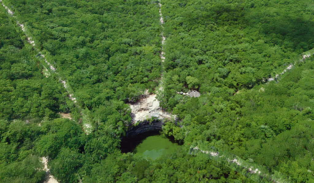 Aerial view of ancient Mayan white roads, known as sacbeob, cutting through dense Yucatán jungle and converging at a cenote with green water, surrounded by lush vegetation and a small thatched hut nearby.