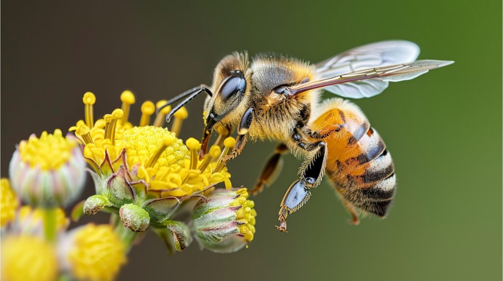 A close-up of an Apis mellifera honeybee collecting nectar from a vibrant yellow flower.