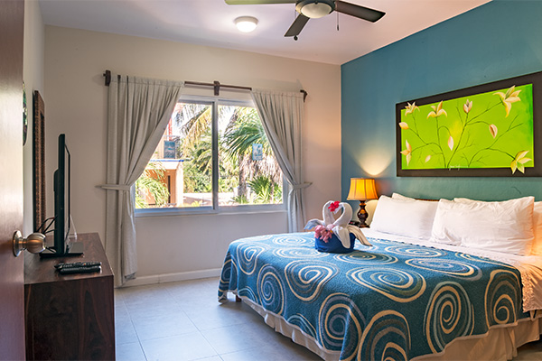 Bright bedroom with king bed, blue accent wall, and window view of palm trees.