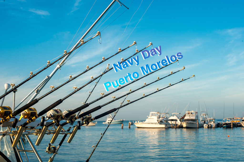 Fishing rods lined up at the Puerto Morelos marina for Navy Day 2025