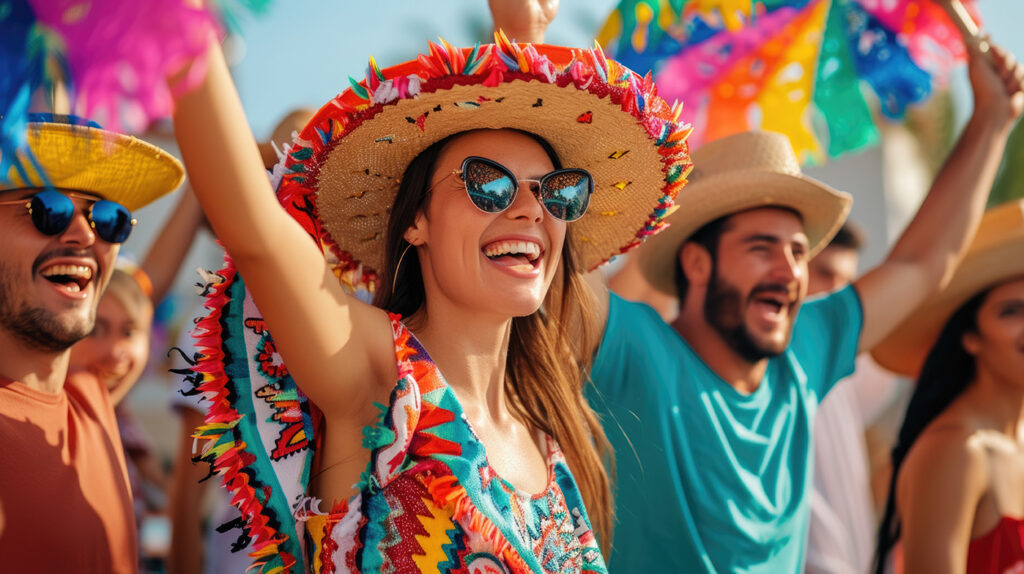 Group of people celebrating outdoors with colorful outfits, sombreros, and papel picado during a festive Cinco de Mayo event.