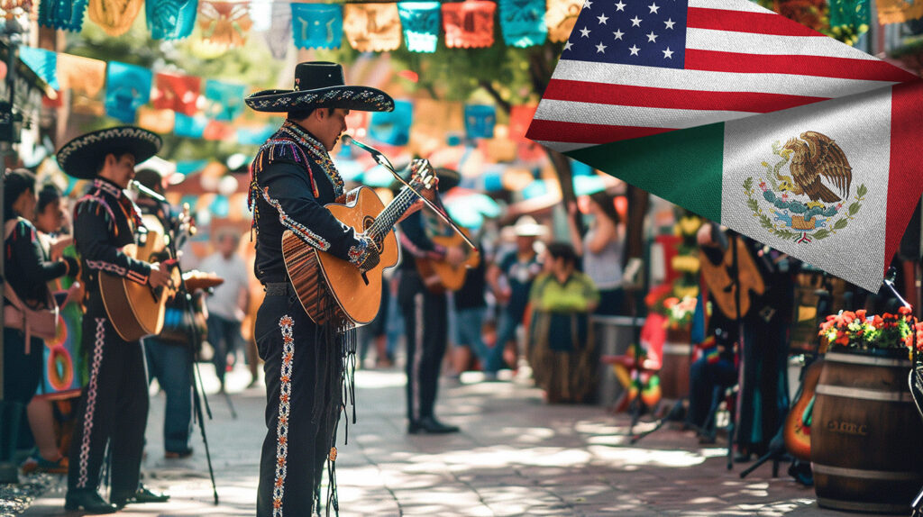 Mariachi band performing in a festive street scene with U.S. and Mexican flags representing Cinco de Mayo cultural crossover.