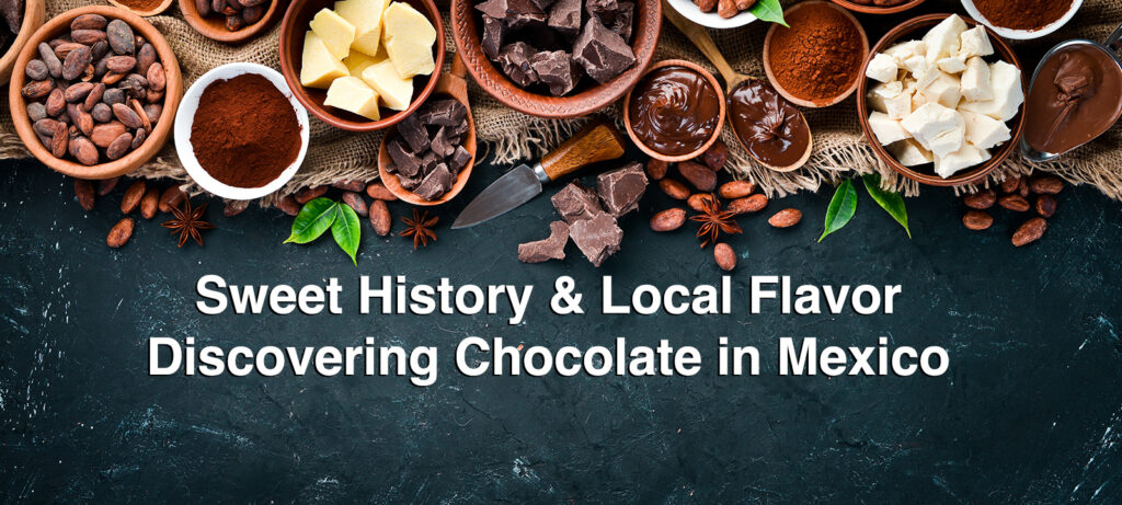Assorted chocolate and cacao ingredients arranged on a dark background with text overlay