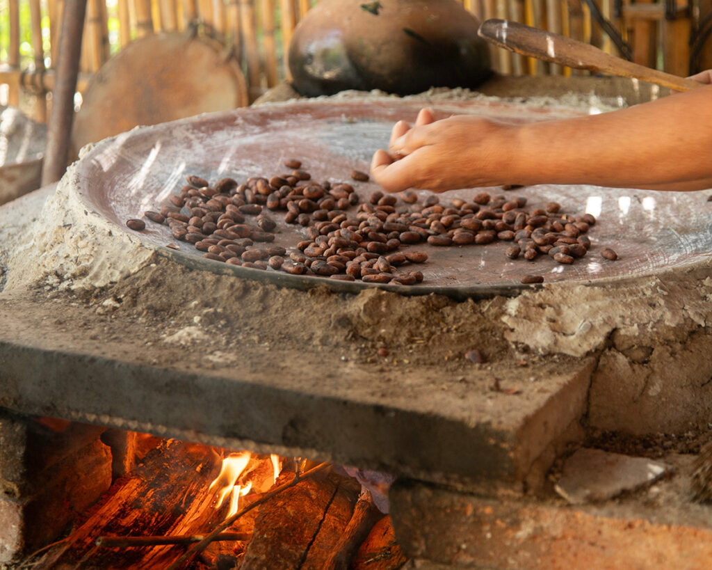 Roasting cacao beans by hand over an open fire on a traditional comal
