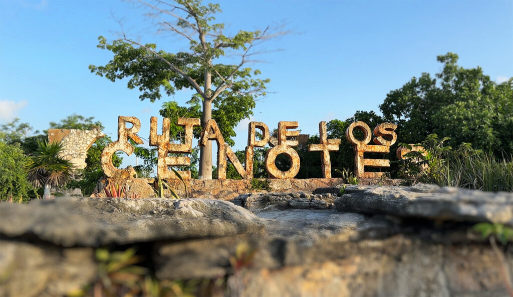 Wooden sign for Ruta de los Cenotes surrounded by rocks and jungle trees