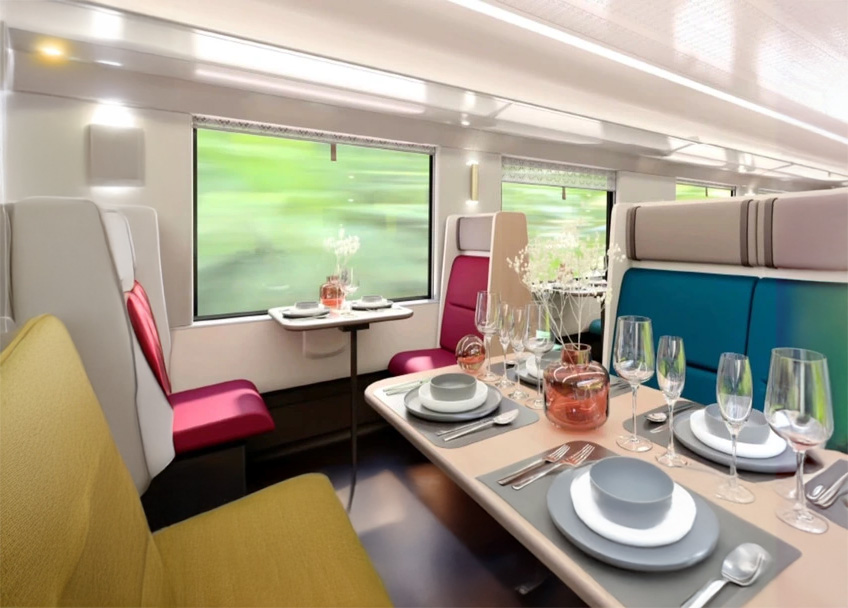 Elegant dining car on the Tren Maya with set tables and scenic views