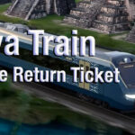 Maya Train passing ancient ruins with promotion for free return ticket