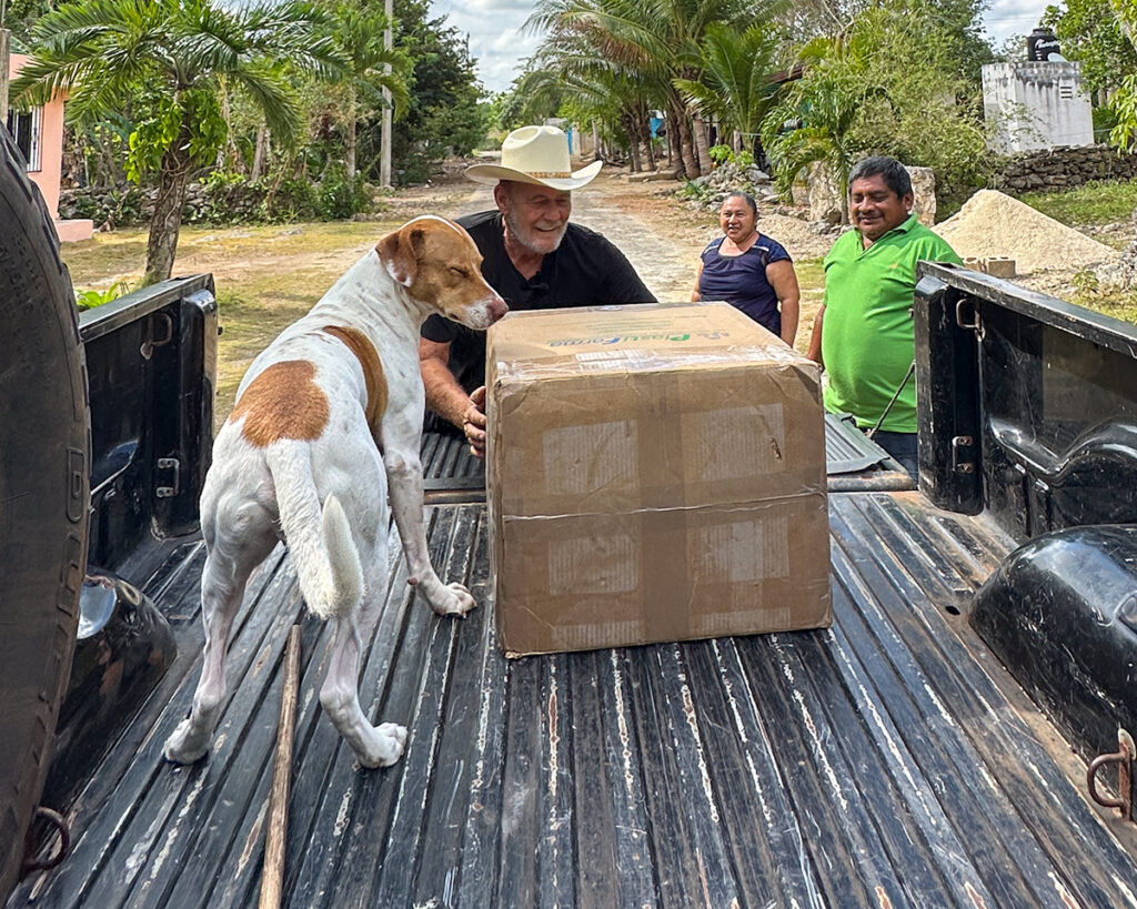 Dog and man with a large box in a pickup truck bed