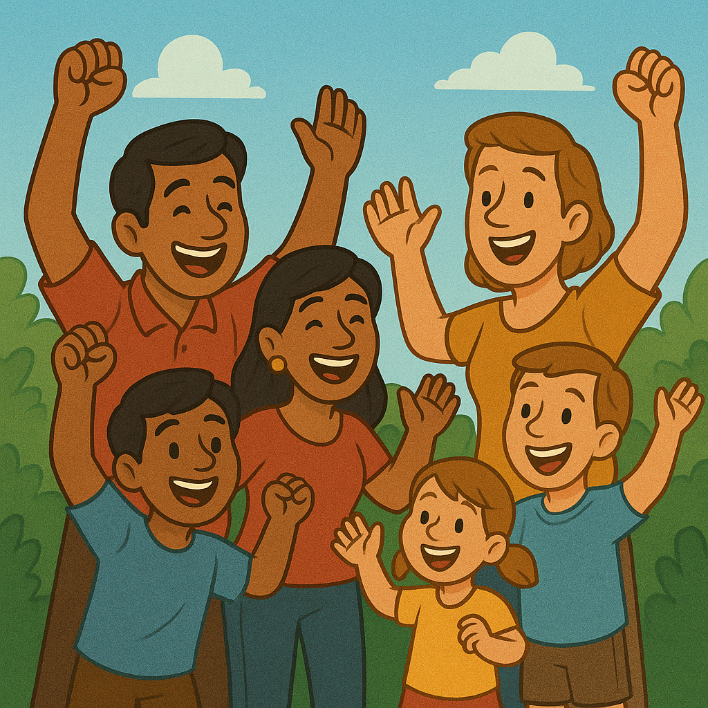 Cartoon of Mexican and Caucasian families celebrating together outdoors.