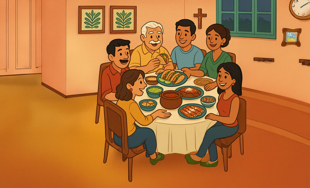 Cartoon of a Mexican family sharing a meal at home.