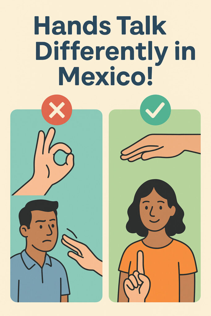 Cartoon showing correct and incorrect hand gestures in Mexico.