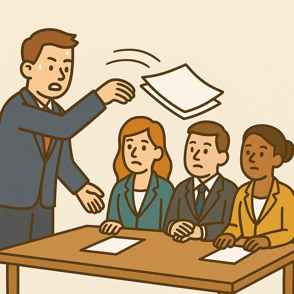 Cartoon of a man tossing papers on a table during a business meeting.