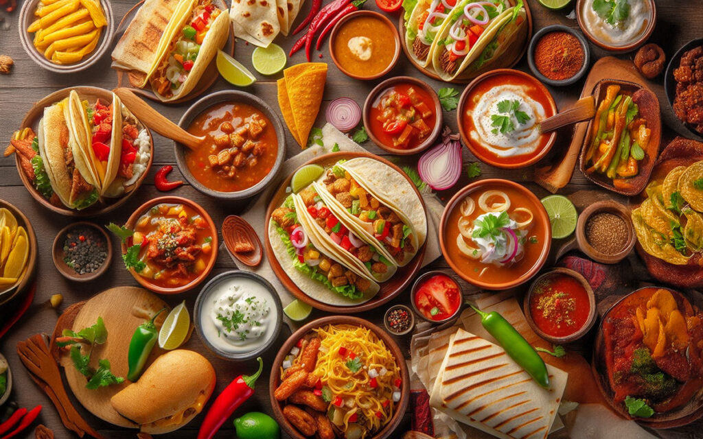 Traditional Mexican dishes including tacos, pozole, and chiles en nogada for Mes de la Patria.