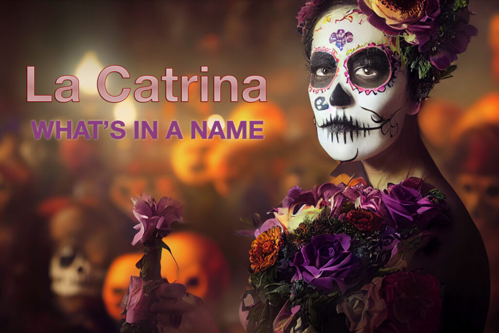 Woman dressed as La Catrina holding purple flowers, surrounded by candlelight and marigolds.