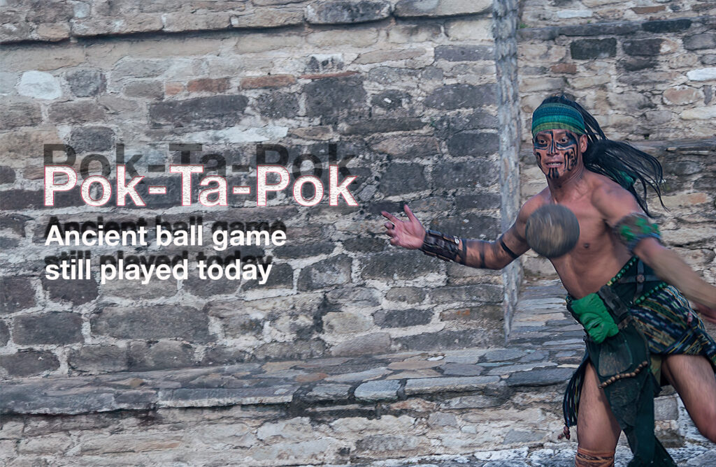 Maya athlete in traditional attire plays Pok Ta Pok against a stone wall during a reenactment match.