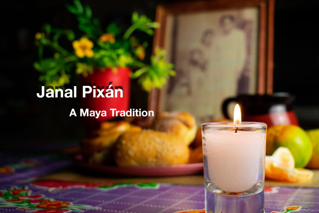 Candle burning beside bread, fruit, and a framed family photo on a Janal Pixán altar.