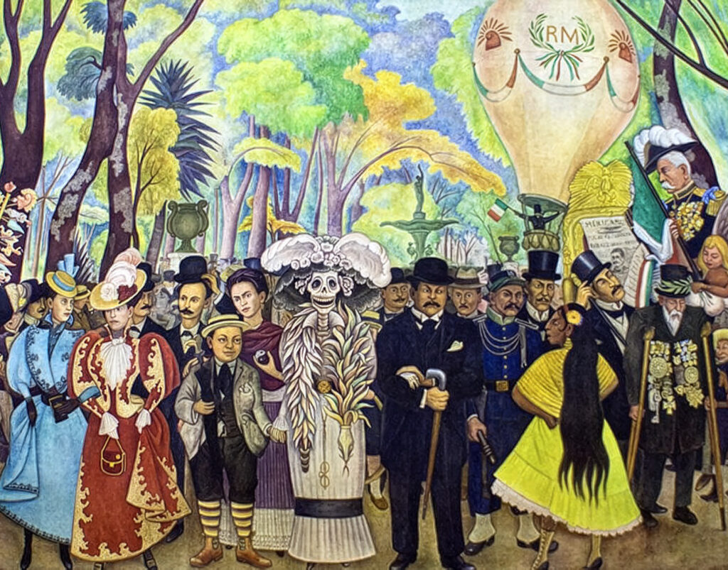 Central section of Diego Rivera’s mural featuring La Catrina holding hands with a young Diego Rivera.