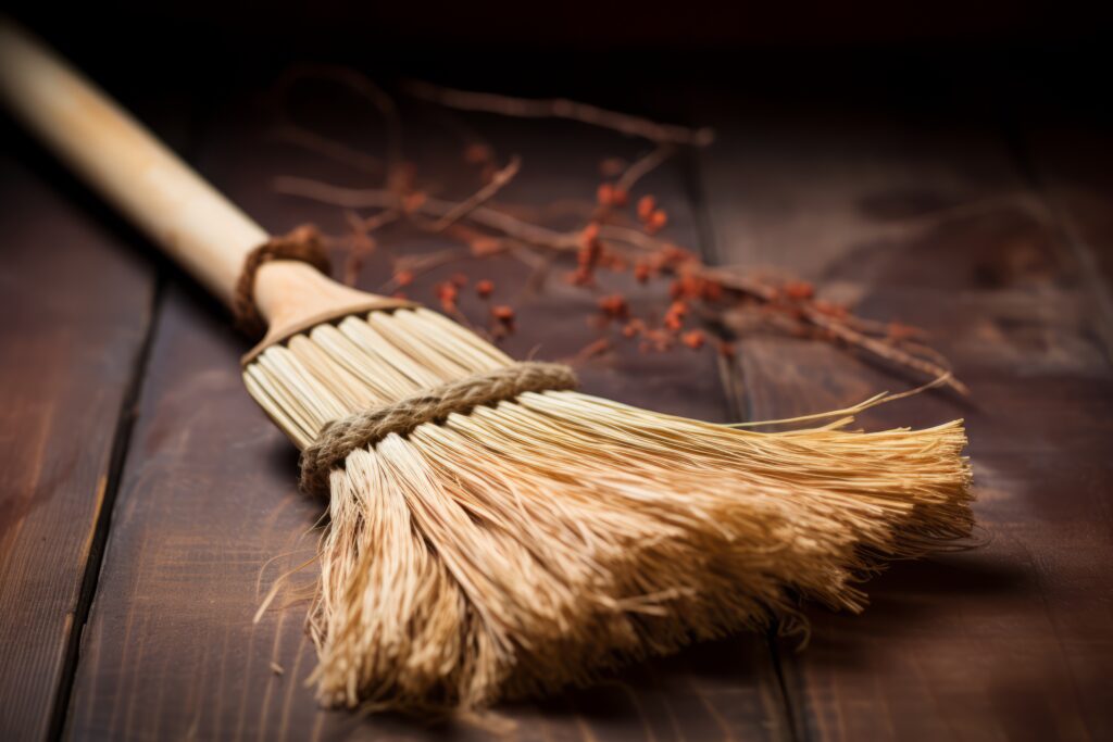 Straw broom resting on a wooden floor, symbolizing a fresh start and clearing out the old year.