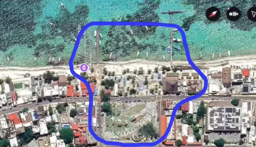 Aerial map view of central Puerto Morelos with a blue outline highlighting the public Wi-Fi coverage area.