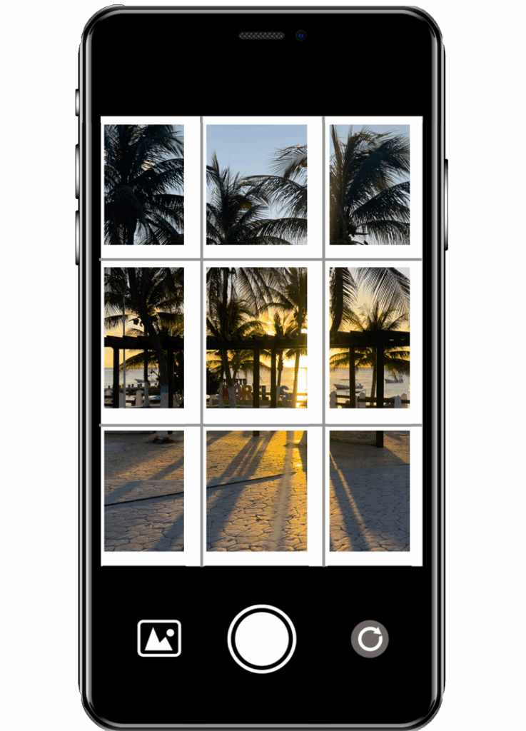Smartphone camera screen showing a photo grid and a beach sunset framed by palm trees.
