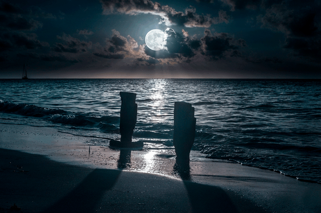 Full moon over the ocean with a bright reflection on the water and two dark posts on the shoreline.