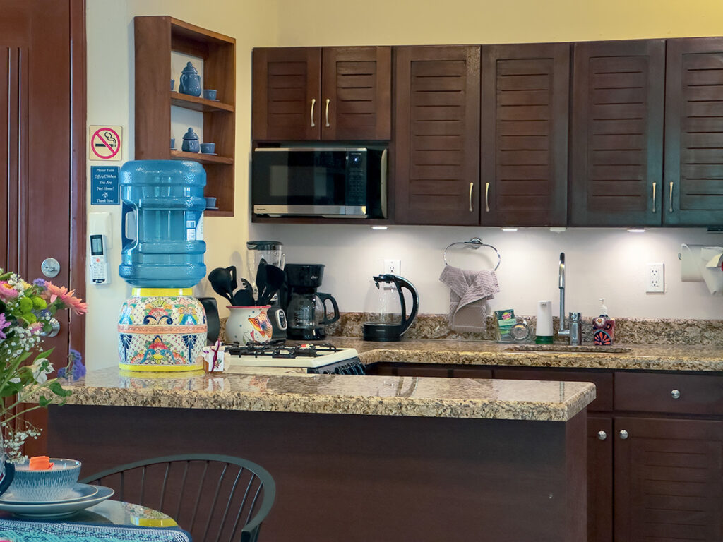 Kitchen with granite countertops, cabinets, microwave, and cooking essentials.