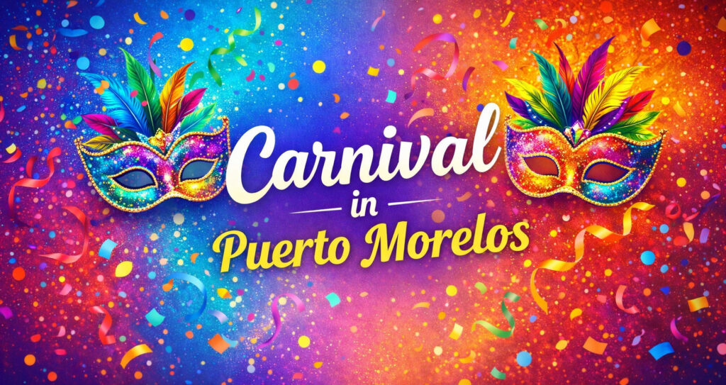 Colorful banner reading “Carnival in Puerto Morelos” with two feathered masks and confetti.