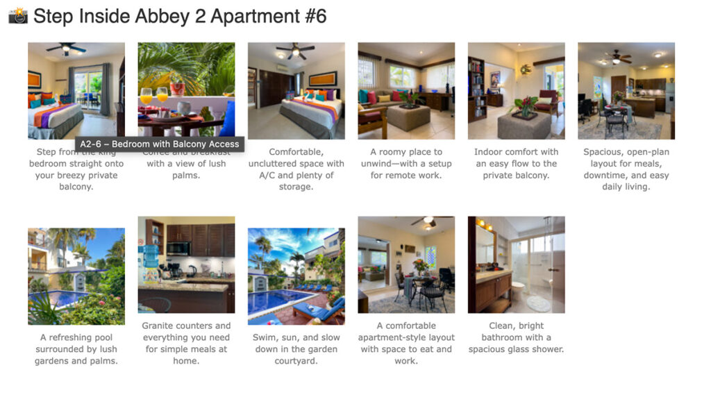 Collage of apartment and property photos titled “Step inside Abbey 2 Apartment #6.”
