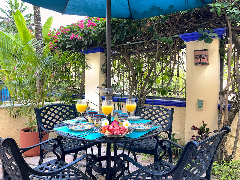 Shaded patio table set for breakfast with fruit and juice, surrounded by tropical plants and an umbrella.