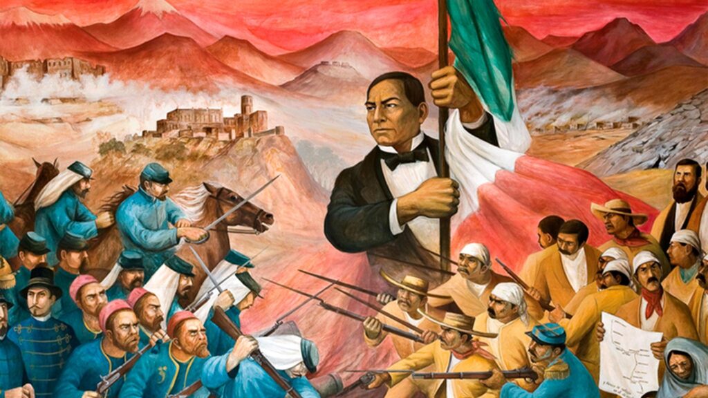 Mural of Benito Juárez holding the Mexican flag amid scenes of struggle and national history.