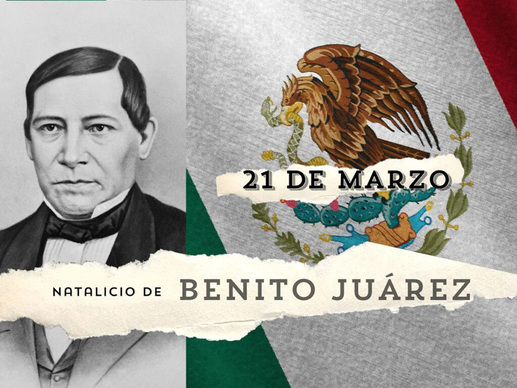 Graphic of Benito Juárez with eagle emblem and “21 de marzo” marking his birthday in Mexico.