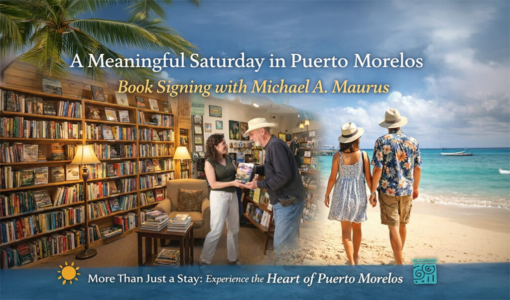 Promotional blog cover for a Puerto Morelos book signing with Michael A. Maurus, combining Alma Libre, the book, and a beach scene.