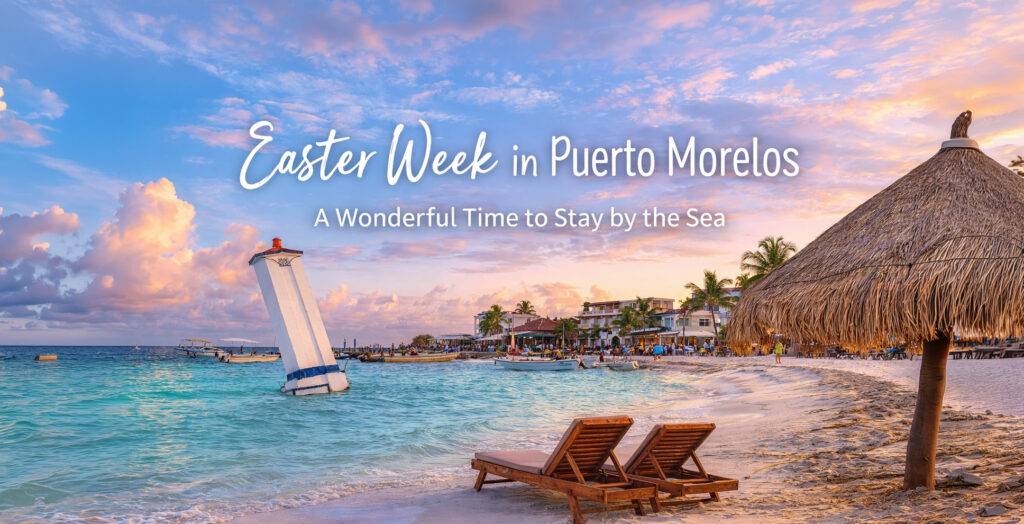 Header image for Easter Week in Puerto Morelos with the leaning lighthouse, beach chairs, turquoise sea, and sunset sky.