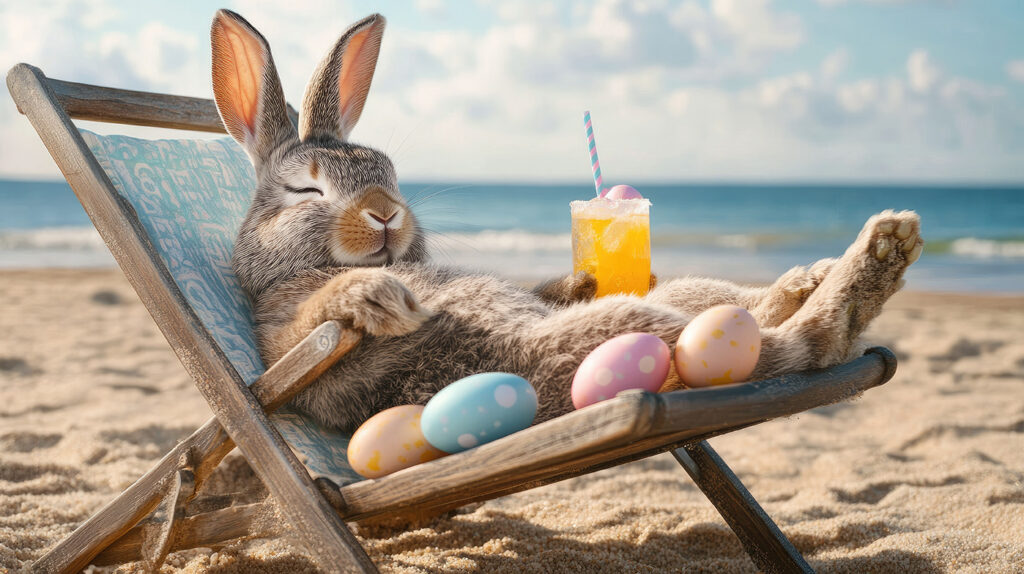 Easter bunny relaxing on a beach chair with colorful eggs and a drink by the sea.