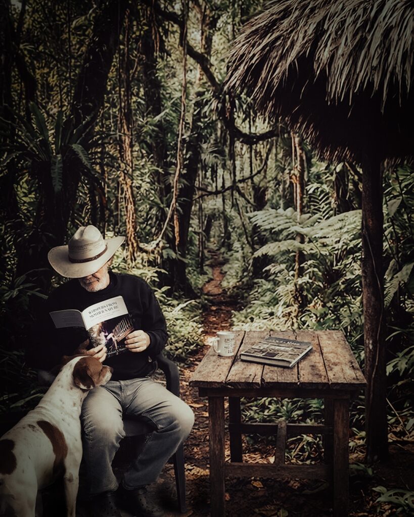 Michael A. Maurus sits in a rustic jungle setting with Bruno and a copy of Whispers from Mother Nature.