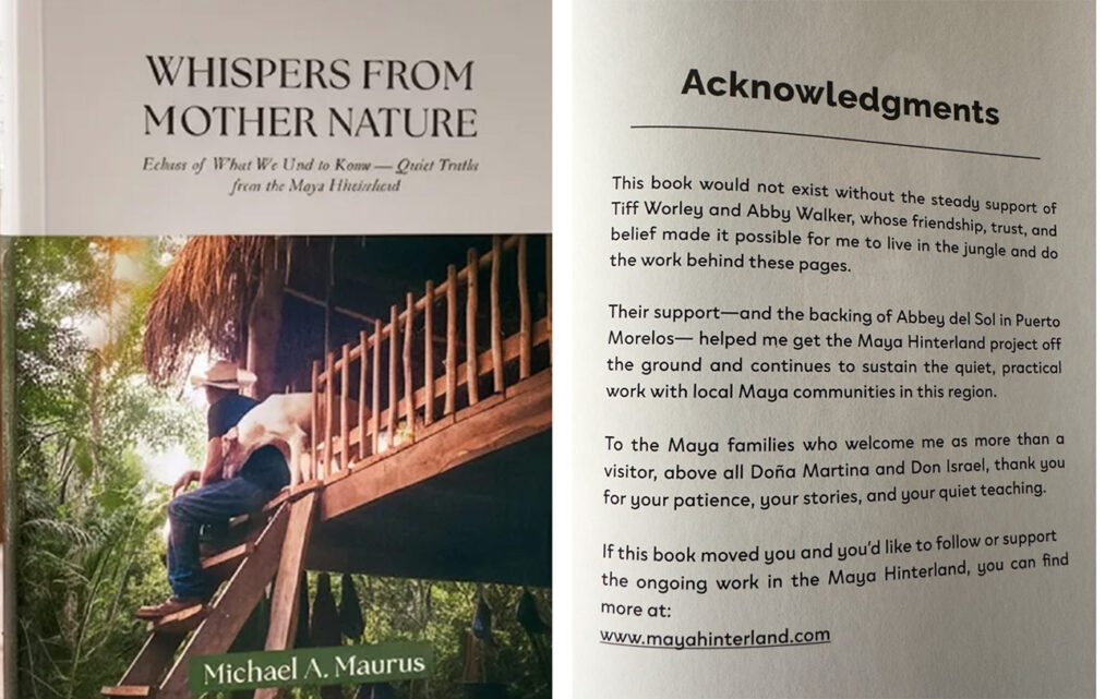 Open pages of Whispers from Mother Nature show the book cover on the left and the acknowledgments on the right.