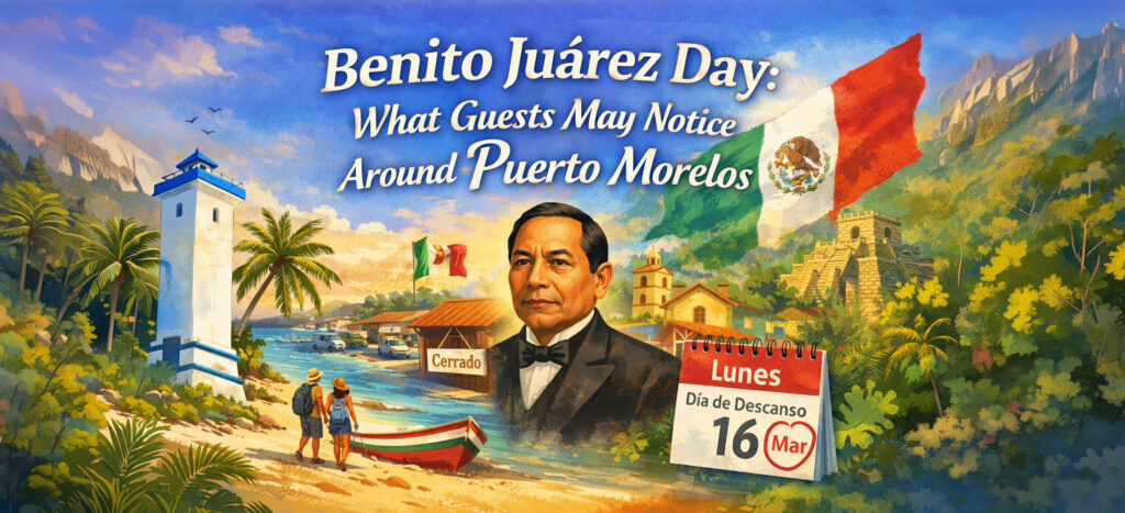 Illustrated Puerto Morelos banner with Benito Juárez, lighthouse, beach scene, and holiday title.