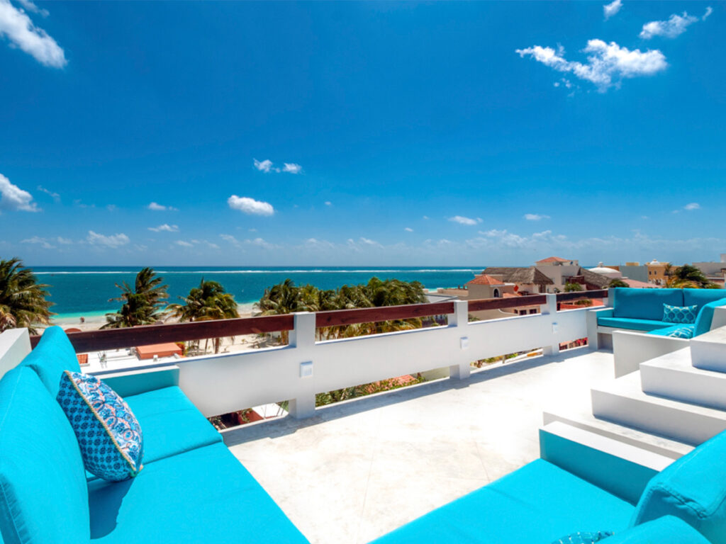 Rooftop terrace at Casa Agua Azul with ocean views in Puerto Morelos